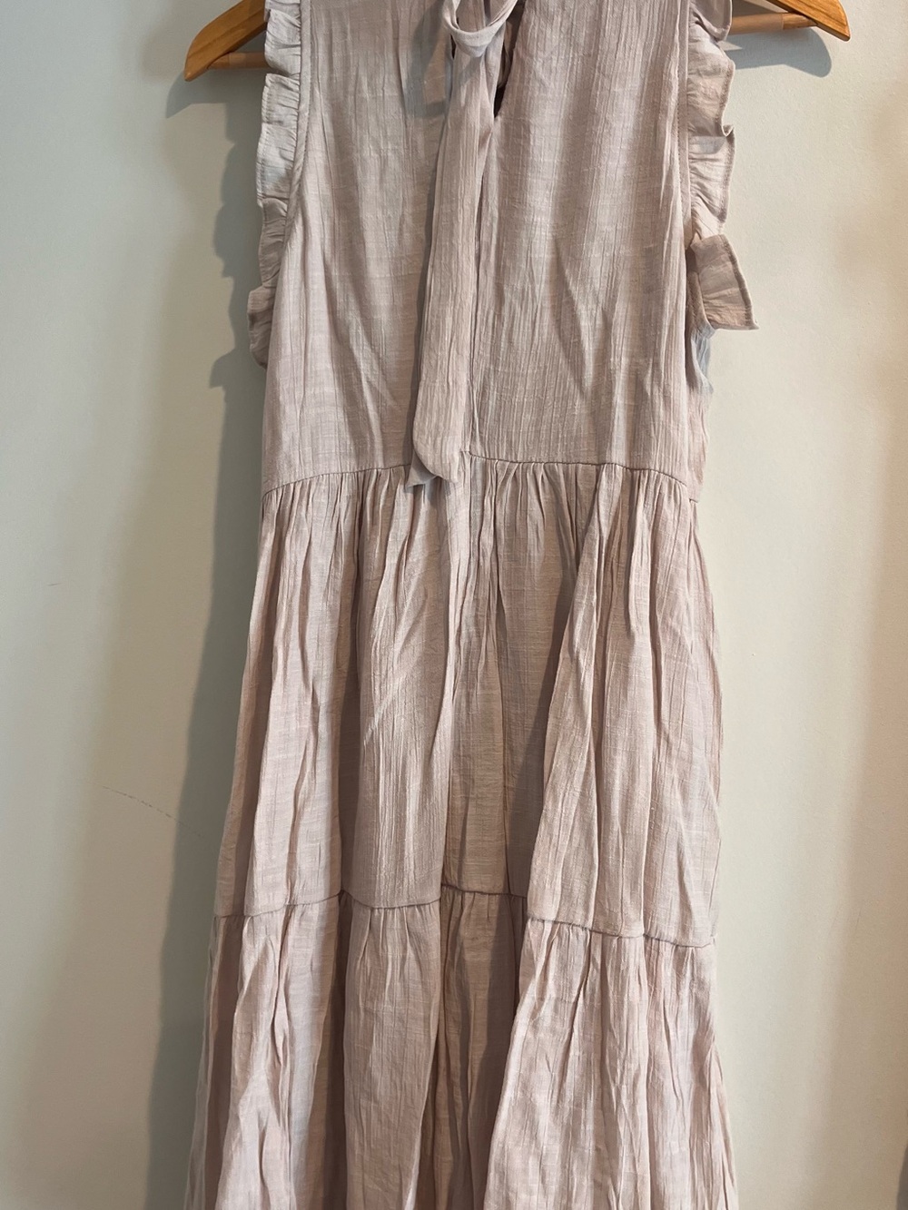 High Neck Ruffle Gauze Dress MEDIUM Beige Tan Tiered Midi Cottage Pockets NWT - Picture 3 of 14